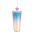 Iridescent textured diamond plastic straw cup with purple Sweet Heart decoration - 800ML / Holographic