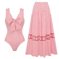 Women's red striped one-piece swimsuit with bow and matching high-waisted maxi skirt - S / Red and White Striped Bowknot Set