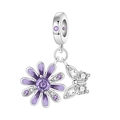 Silver charm pendant with purple enamel daisy and zircon butterfly for DIY bracelets - Purple Daisy Butterfly