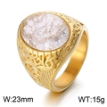 Vintage Viking gold steel ring with large 23mm white cracked gemstone and floral carvings - Size 7 / Steel + White Cracked Stone(KR110149-MZOZ)