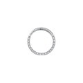 Dettaglio dell'anello clicker in titanio F136 con zirconi lucidi per piercing - Argento Tondo Zirconia