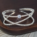 Luxury silver bridal crossover open bangle with sparkling cubic zirconia and crystal stones - Silver