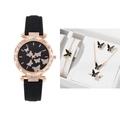 Elegantes Damen-Uhrenset mit schwarzen Schmetterlingsmotiven und roségoldenem Finish - Schwarz 5-Teiliges Set