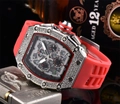 Men's tonneau luxury watch with red rubber strap and silver diamond encrusted case - Black Dial Silver Case Red Strap