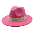 Detail of rose pink wool fedora featuring beige woven band and golden M emblem - Rose Red