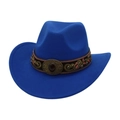 Royal blue wide brim wool felt cowboy hat with vintage ethnic embroidery and bronze buckle - Sapphire Blue