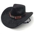 Black western cowboy hat with bull head emblem and adjustable chin strap on white background - M (56-58cm) / Black