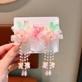 Girls Hanfu hair clips with pink flowers, butterflies, and long pearl tassels - 12# Pink Flower Gauze Clips
