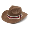 Cappello da cowboy in paglia intrecciata marrone con fascia decorativa tricolore a greca - M (56-58cm) / caffè