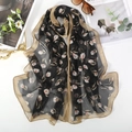 Elegant black long georgette scarf with pink floral print and golden edges layout - 160*50CM / Tulip Black