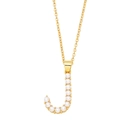 Macro detail of gold plated J-letter pendant with white imitation pearl inlays - Letter J