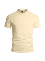 Detailed close-up of a minimalist light beige crew neck t-shirt in premium knit cotton - Apricot