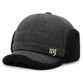 Winter wool baseball cap with ear flaps in grey with black fleece trim and NY metal logo - One Size / Gray