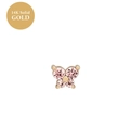 Detailed macro of 14K solid gold butterfly stud earring with sparkling pink gemstones - October Pink Tourmaline