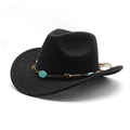 Chapeau de cowboy en feutre noir avec bande en cuir tressé et perles de turquoise - M (56-58cm) / Noir