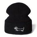 Black knit beanie with cute white dachshund dog embroidery for winter warmth - One Size / Black