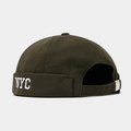 Detail of NYC embroidery and adjustable metal buckle on olive green docker cap - Adjustable / Army Green