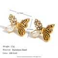 Asymmetric 18K gold plated stainless steel butterfly earrings with micro-set zircon stones - Gold-White Zircon