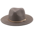 Close-up of brown straw fedora hat featuring a stylish golden leather belt and metal buckle - M (56-58cm) / Dusty Rose