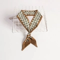 Retro brown and white checkerboard twilly scarf with green accents and letter print - Brown Checkered