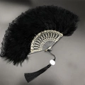 Elegant black feather folding fan with gold hollow carved ribs and silk tassel - Lace Black