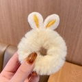 Plush beige bunny ear scrunchie hair tie with soft faux fur and yellow inner embroidery - 1128E Cream White Bunny Ears Plush Scrunchie