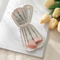 Portable 5pcs makeup brush set with pink bristles and white shell mirror case - 5 Pcs Set (With Mirror Case) / White