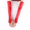 Long red satin fingerless bridal gloves with lace embroidery and beaded details - Red