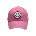 Detail of pink washed cotton baseball cap with white smiley face embroidery patch - Adult / Pink