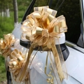 Macro detail of champagne gold car ribbon bow on white vehicle door handle and mirror - 10 Strands Pack / Matte Gold