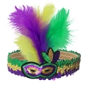 Mardi Gras feather headband with purple, green and gold sequins and mask emblem - One Size / Mask Badge Style A
