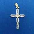 Golden cross pendant with clear rectangular crystals on blue textured background - Gold Four-long One-round Clear Diamond Cross (765)