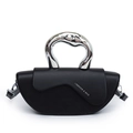 Chic black saddle handbag with sculptural silver metal handle and minimalist fashion logo - Black