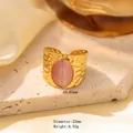 Gold titanium steel wide open ring with hammered texture and pink cat eye stone - Adjustable Open / Gold Irregular Hammered Texture with Oval Pink Cat's Eye Stone (JOM25008)