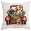 Housse de coussin de Noël avec vieux camion rouge et chiens sur lin beige clair - Style de Chien de Camion 12 / 45*45cm Lin simple face