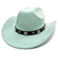Detail of mint green suede cowboy hat with silver studs and pearl flower belt - Mint Green