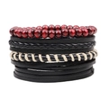 Coffret de bracelets vintage pour hommes avec perles en bois rouges et cuir tressé noir - Perle de bois rouge cordon en cuir noir multicouche (QNW4065)