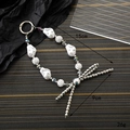 Handmade phone charm with irregular pearls, rhinestone ball and silver metal bow pendant - Irregular Beaded Bow Style (K3017) / Silver