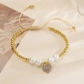 Elegant 18K gold plated copper bead bracelet with zircon heart charm and pearls - Pave Zircon Heart (31873)