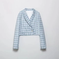 Damen Tweed-Kurzjacke mit Karomuster in Hellblau und Lavendel, mit einem Knopfverschluss vorne - XS / Tops