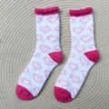 Plush white and pink heart pattern thermal floor socks in soft coral fleece fabric - One Size / White Base Pink Heart