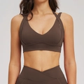 Sport-BH mit Neckholder und V-Taille Yoga-Set in Kaffeebraun aus dehnbarem Stoff - S / Kaffeebraun