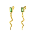 Gold snake earrings with rectangular emerald zircon and S925 silver needles for women - Green