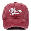 Burgundy washed cotton baseball cap featuring Mom embroidery and vintage finish - Wine Red (Mom)