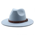 Classic light blue fedora hat with felt finish and brown faux leather buckle band - One Size 58cm Circumference / Sky Blue