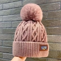 Pink winter knit beanie with large faux fur pompom and Happy leather patch detail - Happy-Thickened Style / Lotus root pink