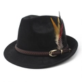 Cappello Fedora nero classico con fascia in pelle intrecciata e piuma decorativa colorata - M(56-59CM) / Nero