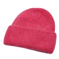 Detailed close-up of fluffy fuchsia knit beanie featuring thick wool texture and folded cuff - One Size / Rose Red