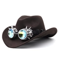 Dettaglio cappello da cowboy steampunk con occhiali argento borchiati e lenti blu - M (56-58 cm) Regolabile / caffè