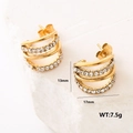 Chunky gold-plated C-shaped earrings with white pavé cubic zirconia accents - Multi-layer C-Shape Pave Style (AMLEH203)